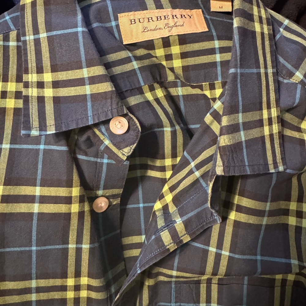 Burberry Men's Navy and Lime Check Shirt